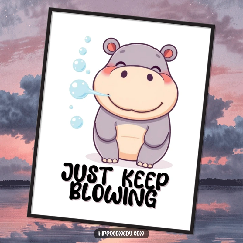 Funny Hippo Bubble Digital Art Print, a smiling hippo blowing a gentle stream of bubbles, creating a peaceful scene.
