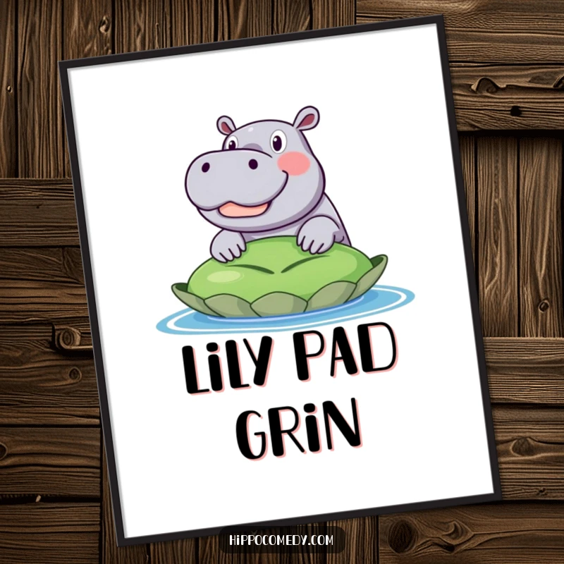 Funny digital art print of an excited hippo with a wide, happy grin, peeking over a giant lily pad. High-res printable fun.