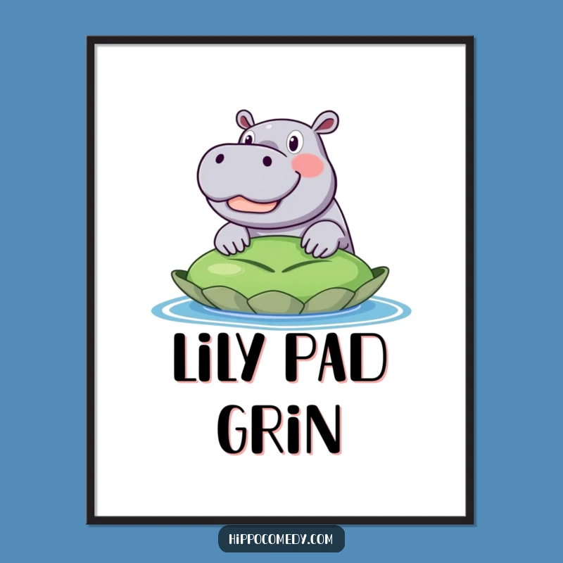 Funny Excited Hippo Digital Art: Lily Pad Peek, Printable Funny Gift
