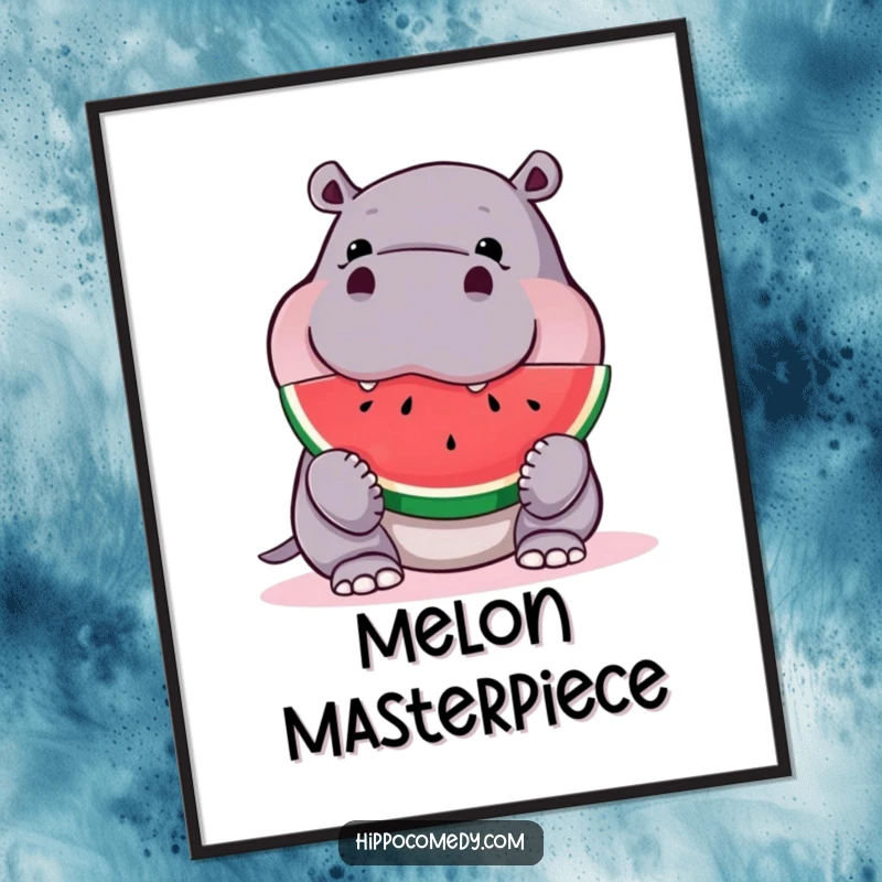 Funny hippo digital art print, showing a curious hippo joyfully eating a huge slice of watermelon, full of personality.