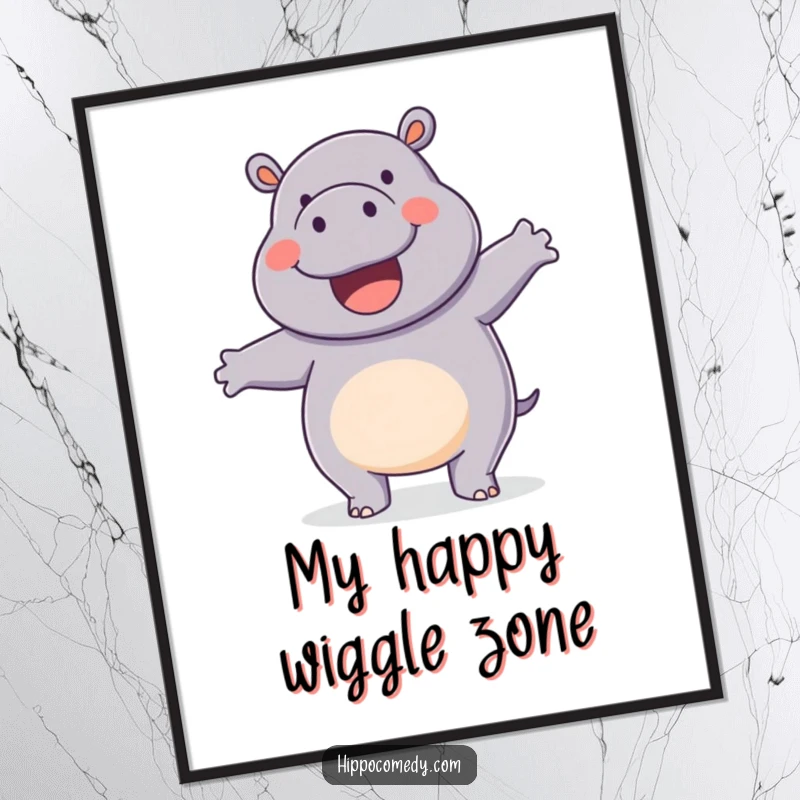 Funny digital art print of a happy hippopotamus doing a silly, energetic wiggle dance.
