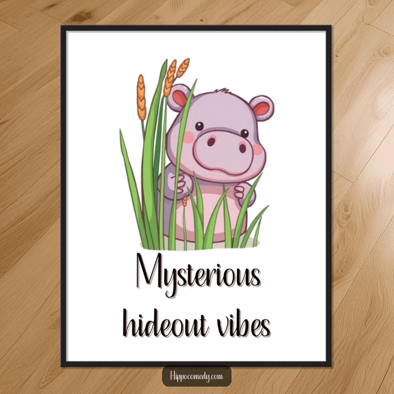 Funny digital art print of a little hippopotamus shyly peeking from behind reeds, perfect for instant, charming decor.