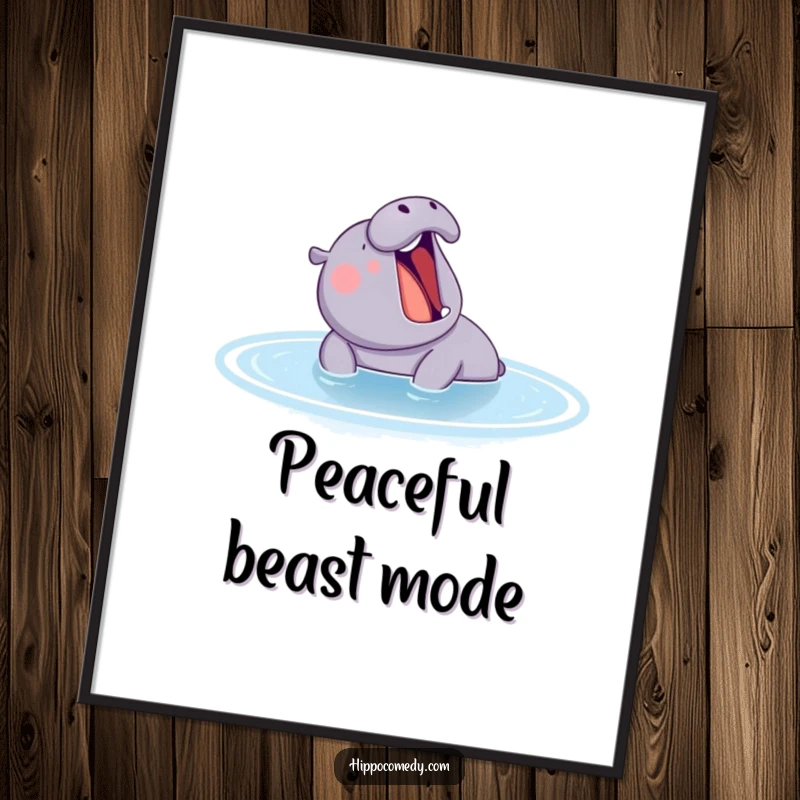 Funny hippo yawning serenely in a blue pond, available as an instant digital art print for humorous home decoration.