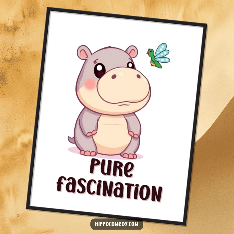 Funny digital art print of a cute hippopotamus with large, curious eyes, focusing on a beautiful dragonfly, perfect for instant whimsical decor.