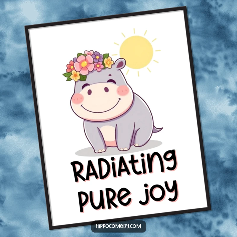 Funny kawaii hippopotamus wearing a flower crown, giggling joyfully in the sun, as a digital art print for instant cheer.