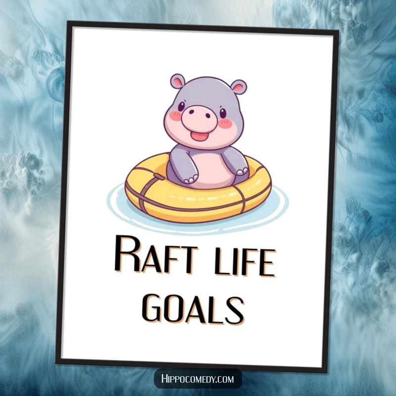 Funny tiny hippo digital art print, showing a content hippo floating peacefully on a toy raft, perfect for serene decor.