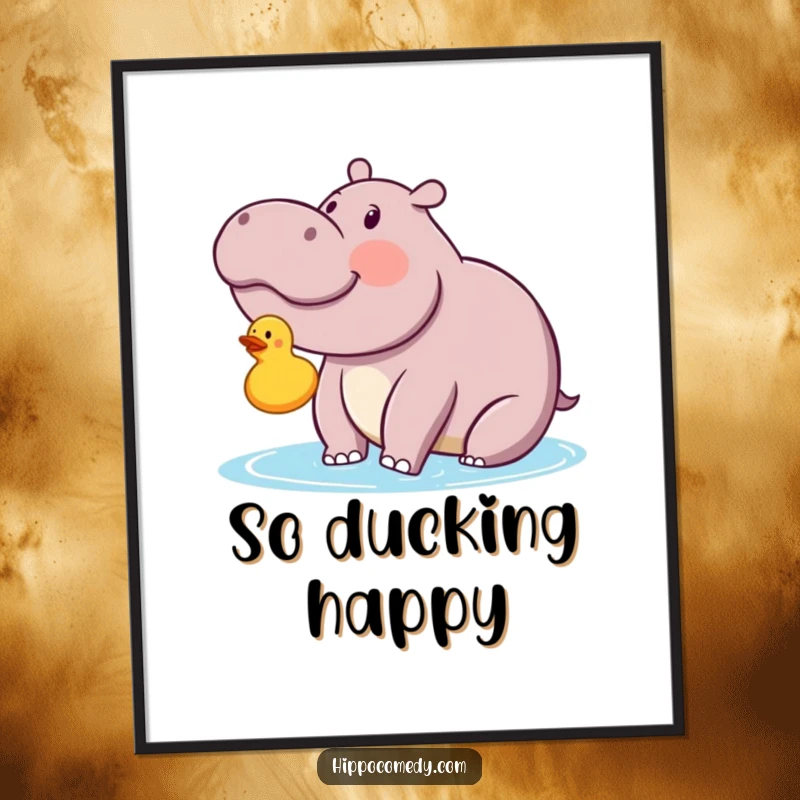 Funny kawaii hippopotamus looking with delight at a floating rubber ducky on a digital art print, a scene of pure, comical bliss.