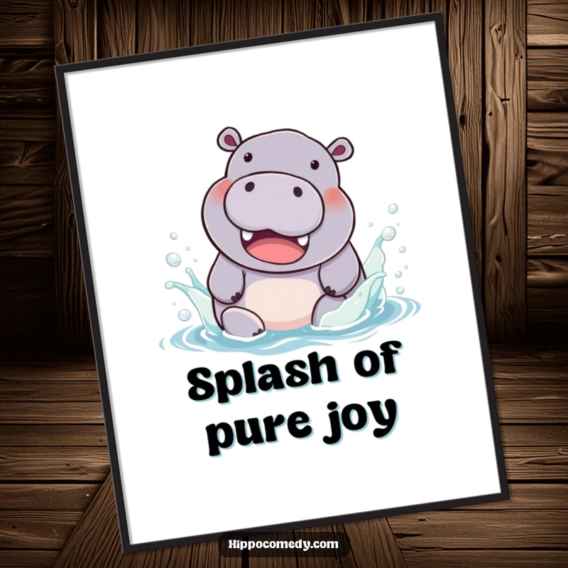 Funny Digital Art Print: A chubby hippopotamus with a beaming smile, joyfully splashing in colorful water.