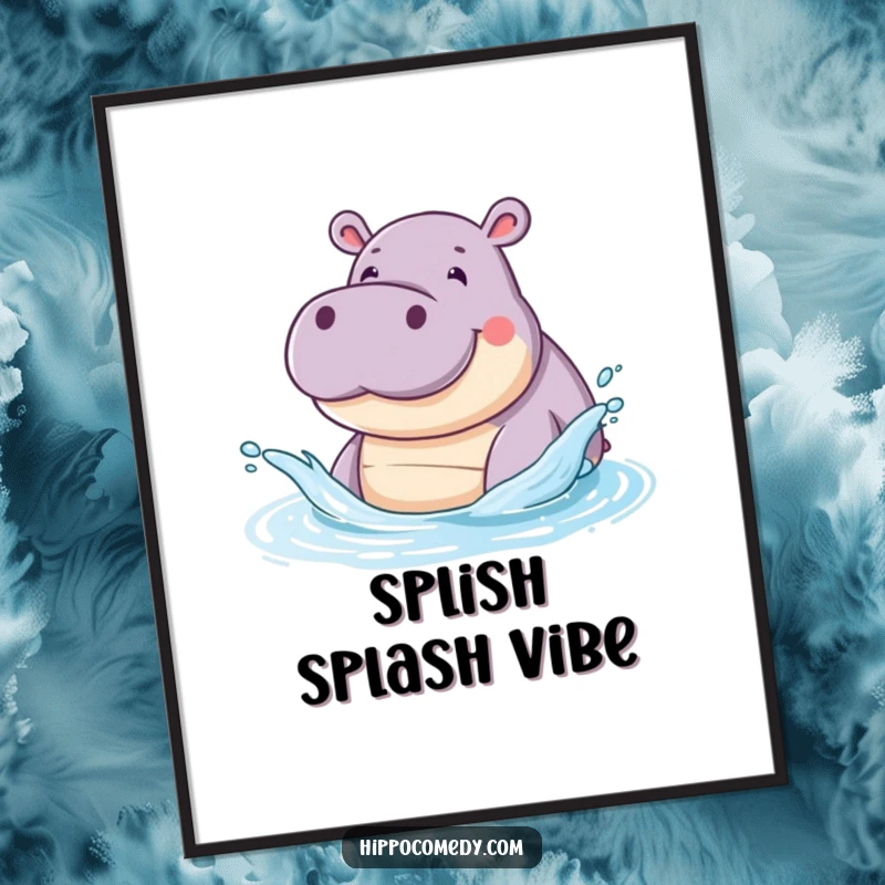 Funny digital art print of a smiling hippopotamus splashing water playfully with its snout, capturing a moment of pure delight.