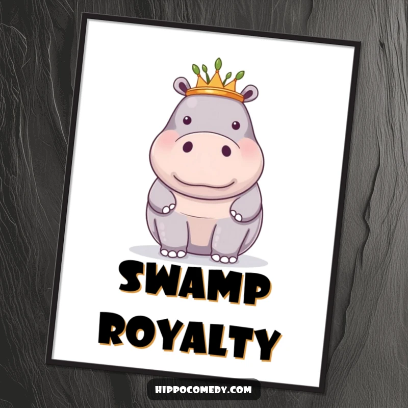 Funny digital art print of a proud hippopotamus wearing a tiny crown of reeds, perfect for regal decor.