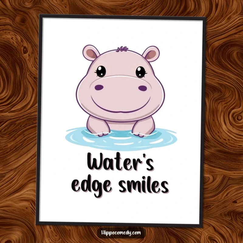 Funny digital art print of a cheerful hippo with big, round eyes, peeking above water, perfect for instant download and vibrant humor.