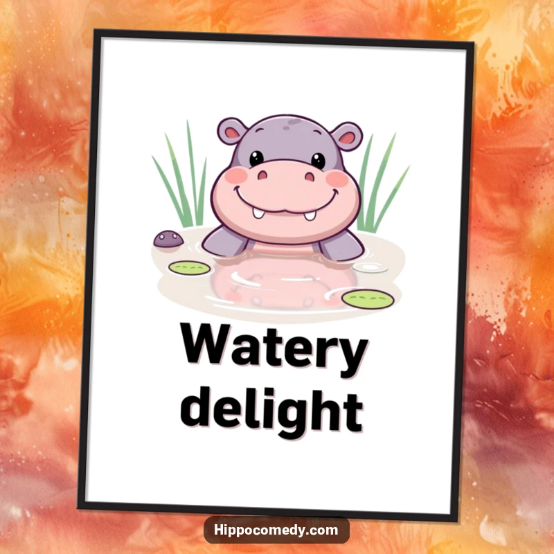 Funny kawaii hippo digital art print of a cute hippo peeking from a pond with a wide smile, full of happy energy.