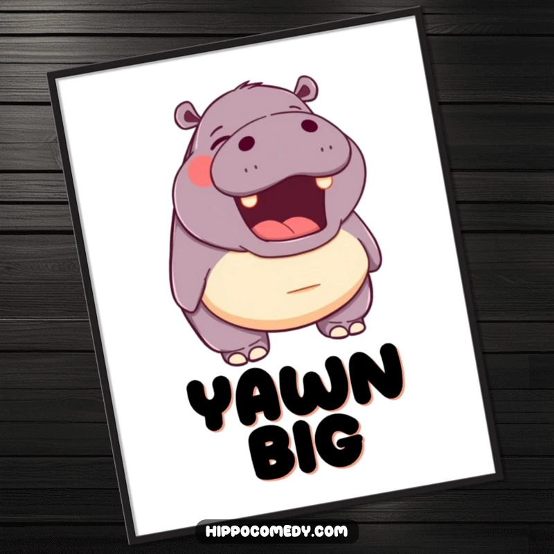 Funny digital art print of a hippopotamus with its mouth open in a happy yawn, capturing a moment of pure relaxation and bliss.