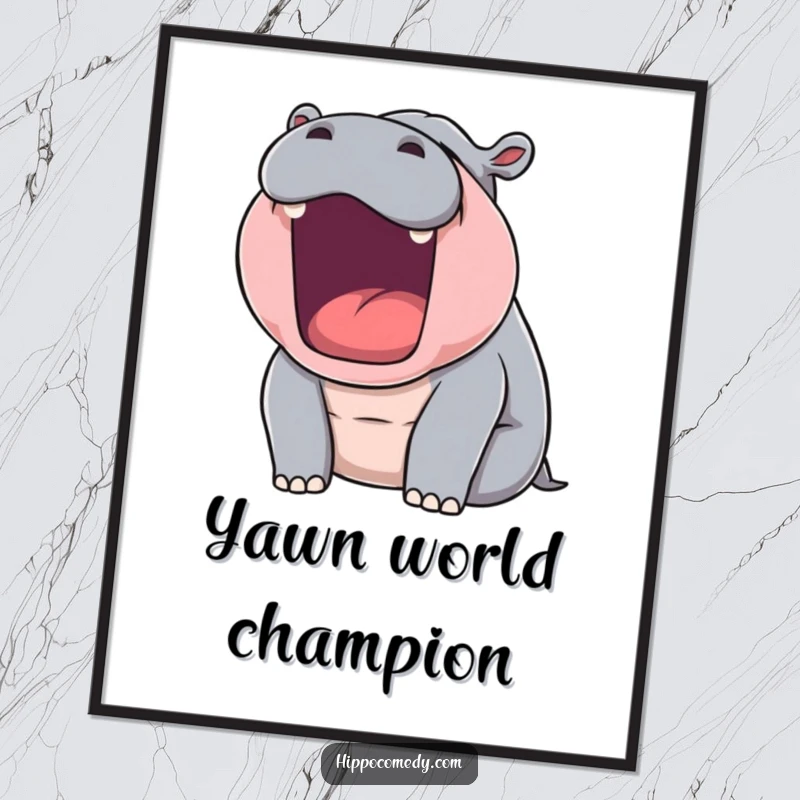 Funny digital art print of a sleepy hippopotamus yawning, perfect for humorous and instant wall decor.