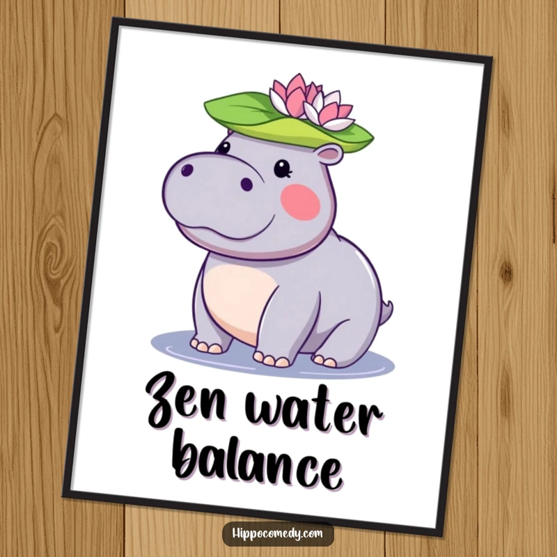 Funny kawaii hippopotamus digital art print of a cute hippo balancing a lily pad on its head, ready to download.