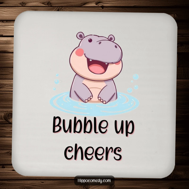 Funny drink coaster featuring a hippopotamus joyfully emerging from a bubbly pool, adding a touch of lightheartedness to any setting.