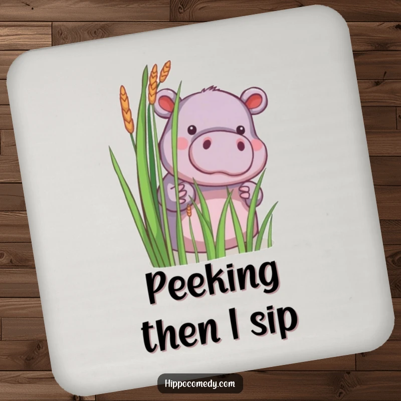 Funny coasters with a little hippopotamus shyly peeking from behind reeds, adding charm to tabletops.