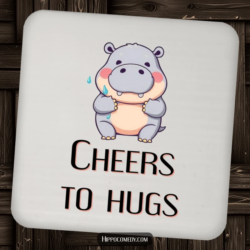 Funny drink coaster with a friendly hippopotamus making a big, wet hug gesture, offering humorous spill protection.