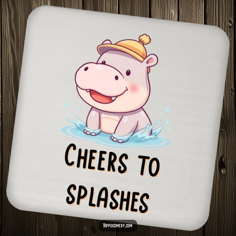 Funny drink coaster featuring a smiling hippopotamus cub in a hat, captured in a funny splish-splash pose.