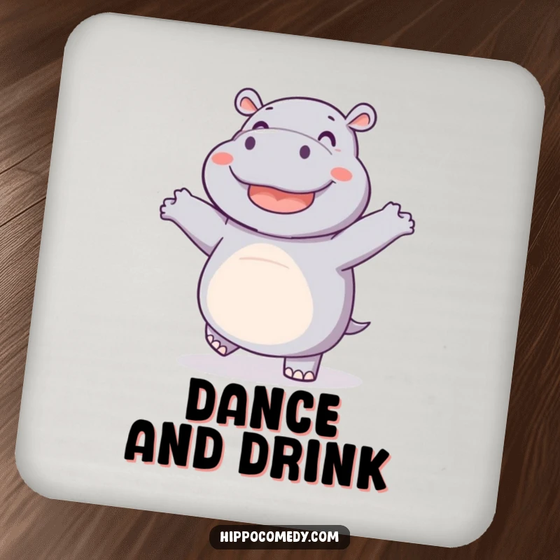 Funny drink coaster featuring a joyful hippo dancing with wiggling feet, adding humorous and joyful accents to tabletops.