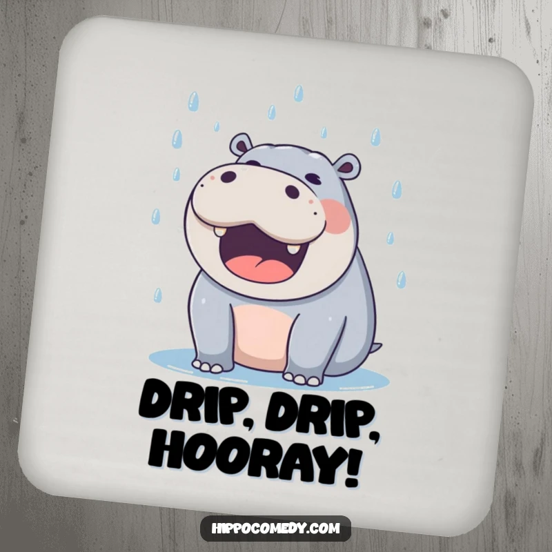 Funny hippo coasters showing a delighted hippo with mouth open, catching falling raindrops.