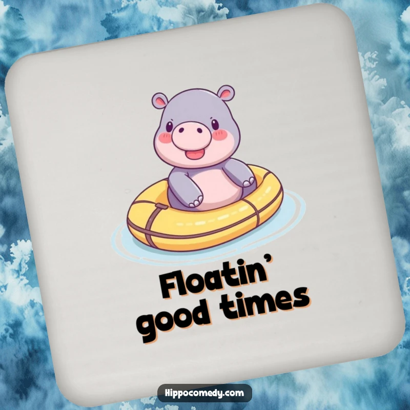 Funny tiny hippo coaster, showing a happy hippo floating on a toy raft, perfect for adding a touch of charm.