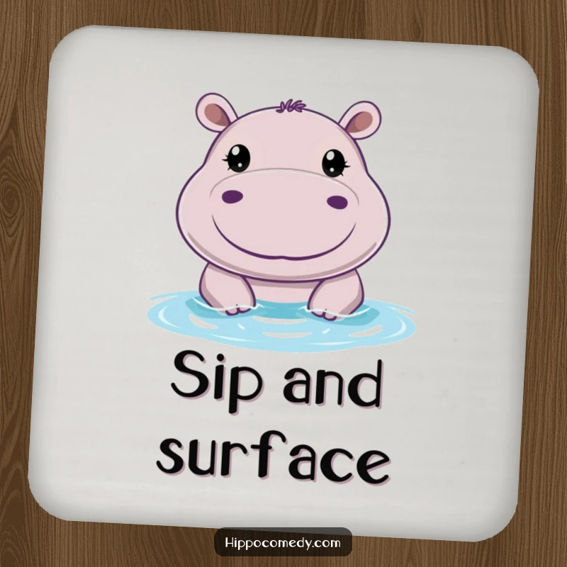 Funny drink coaster set with a cheerful hippo with big, round eyes, peeking above water, offering surface protection humorously.