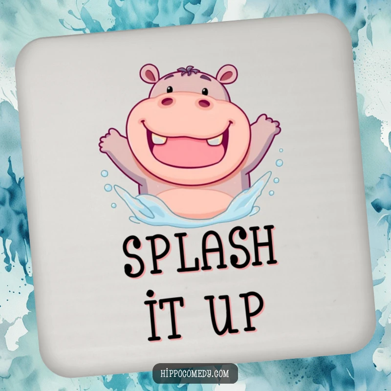 Funny drink coaster set with a chubby hippo with a wide grin, enthusiastically splashing water, offering surface protection humorously.
