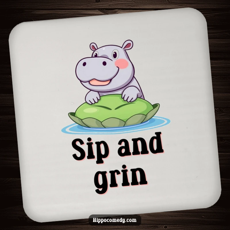 Funny drink coaster illustration of an excited hippo with a huge grin, peeking over a large lily pad. Protects furniture with fun.