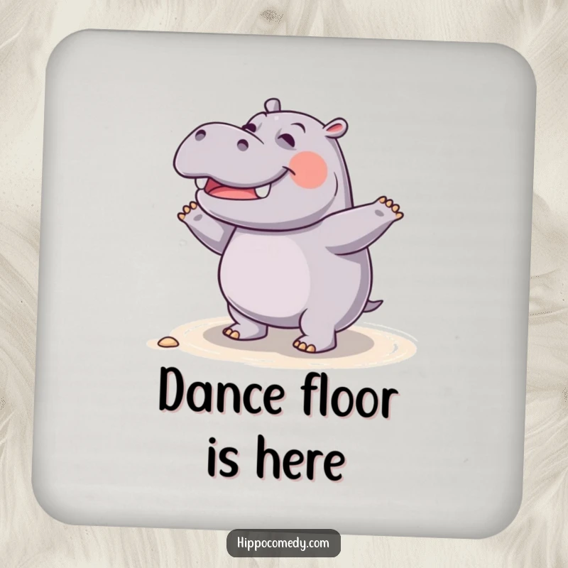 Funny giggling hippo coaster, showing a hippo dancing on the shore, perfect for protecting surfaces with humor.