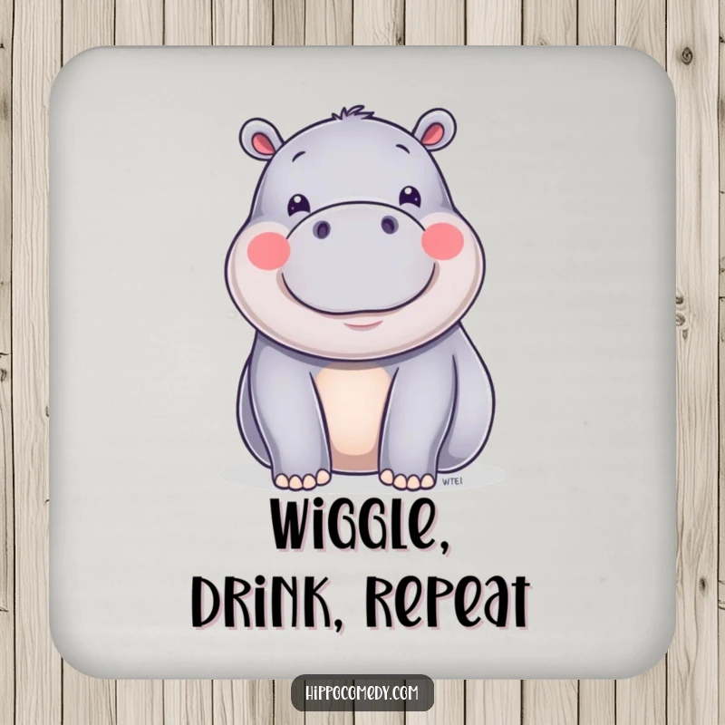 Funny happy hippo with shiny skin doing a little wiggle, printed on a coaster for stylish surface protection.