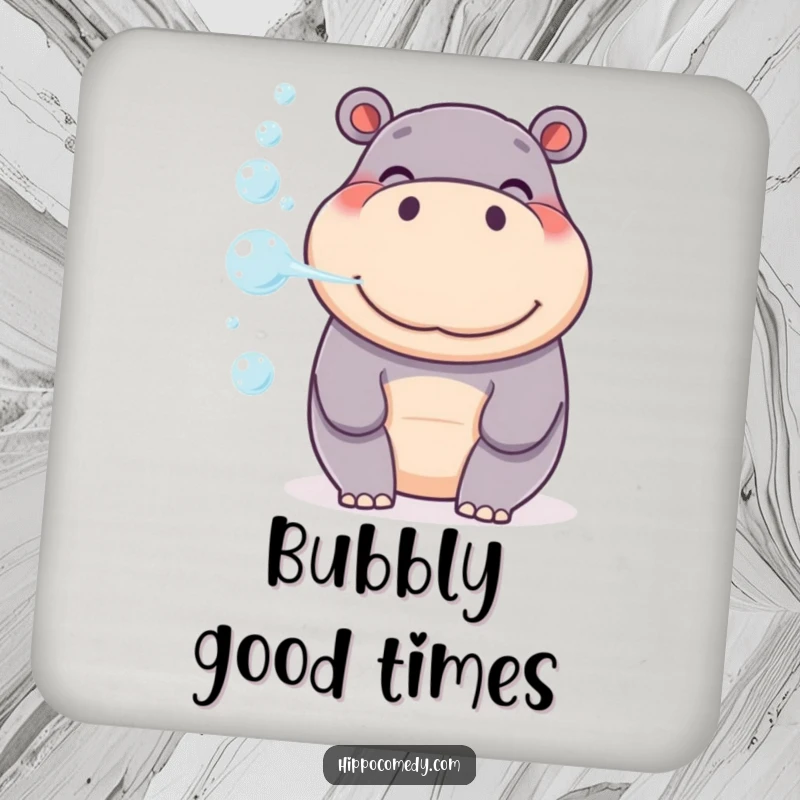 Funny Hippo Bubble Drink Coaster, a smiling hippo blowing a gentle stream of bubbles, protecting tables with charm.