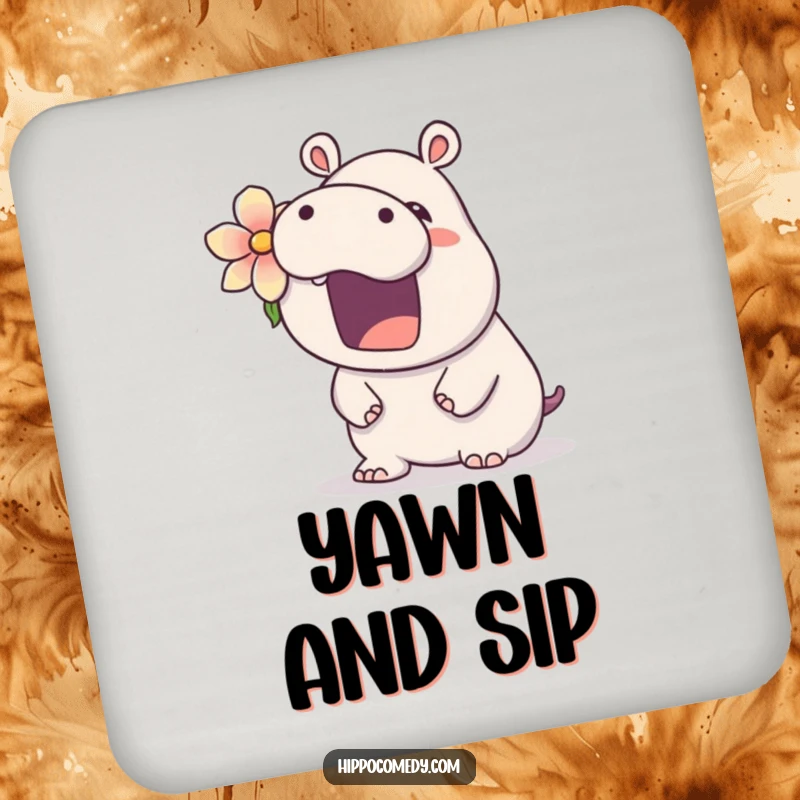 Funny kawaii hippo coaster showcasing a cute hippopotamus with a flower, yawning widely, ready to protect surfaces with sleepy charm.