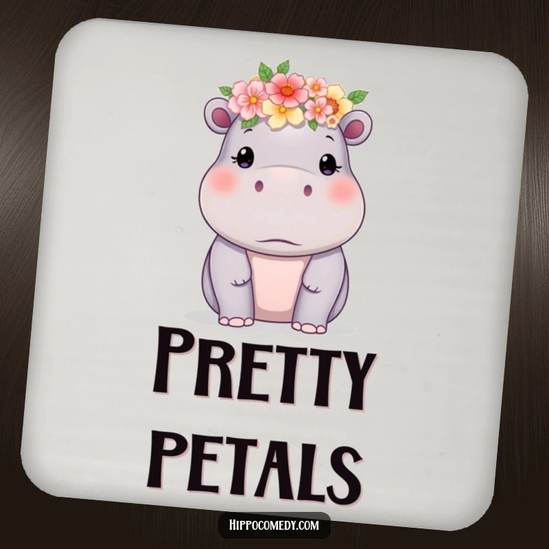 Funny hippo wearing a delicate flower crown on a drink coaster, providing humorous surface protection.