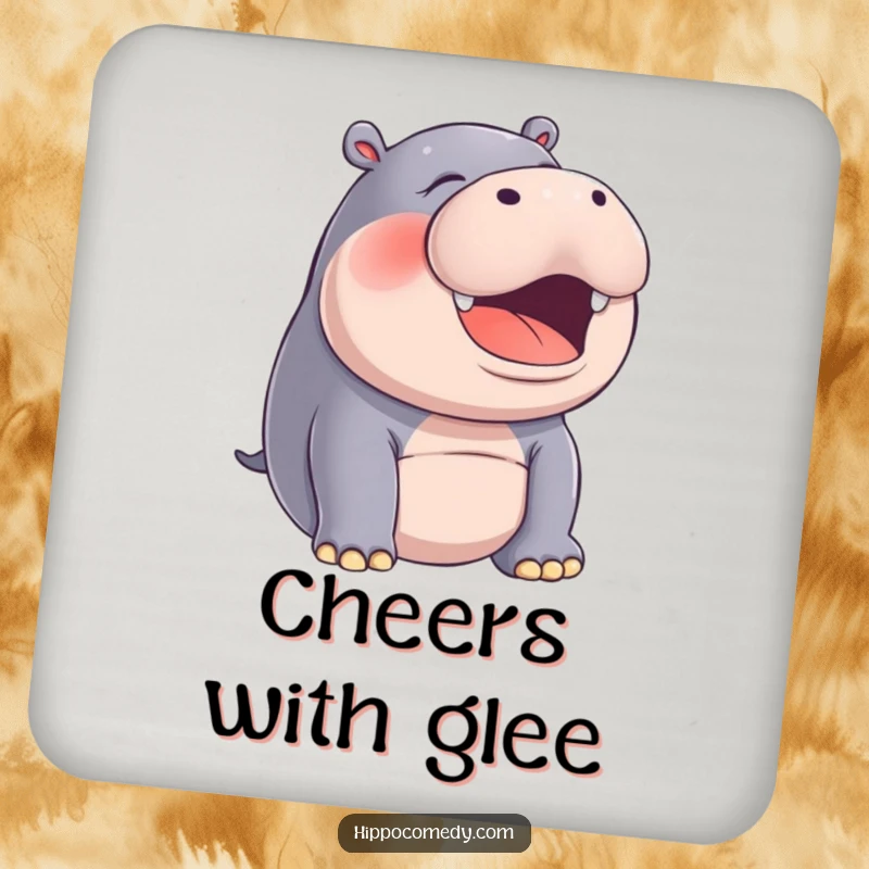 Funny hippo in a silent, joyful laugh on a drink coaster, providing humorous surface protection.