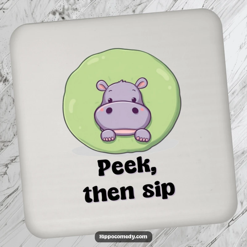 Funny Drink Coaster: A curious hippopotamus peeks from behind a lily pad, adding humor.