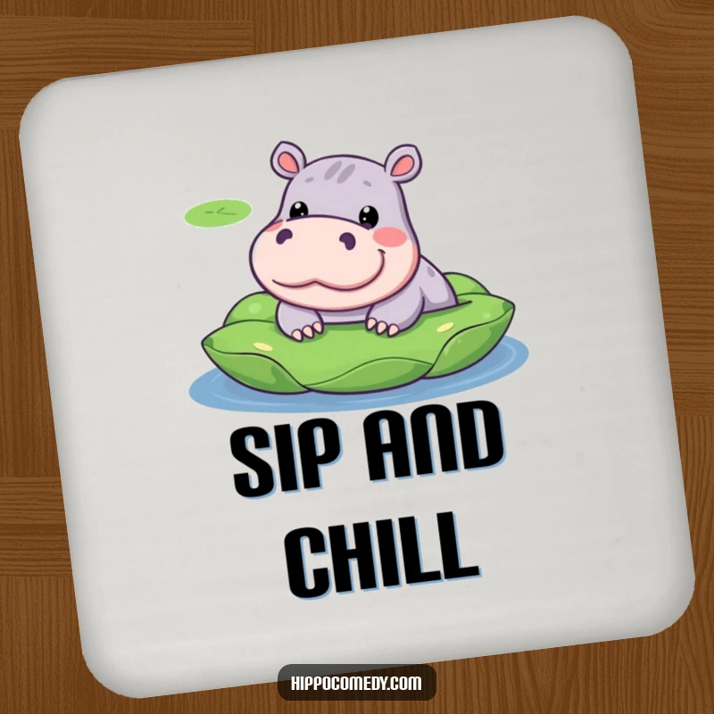 Funny coaster design with a kawaii hippopotamus with a silly expression, peeking from a lily pad.