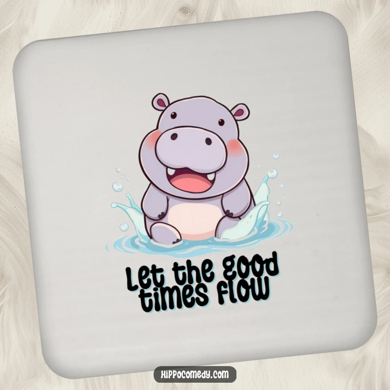 Funny Drink Coaster: A chubby hippopotamus with a beaming smile splashes in colorful water, adding humor.