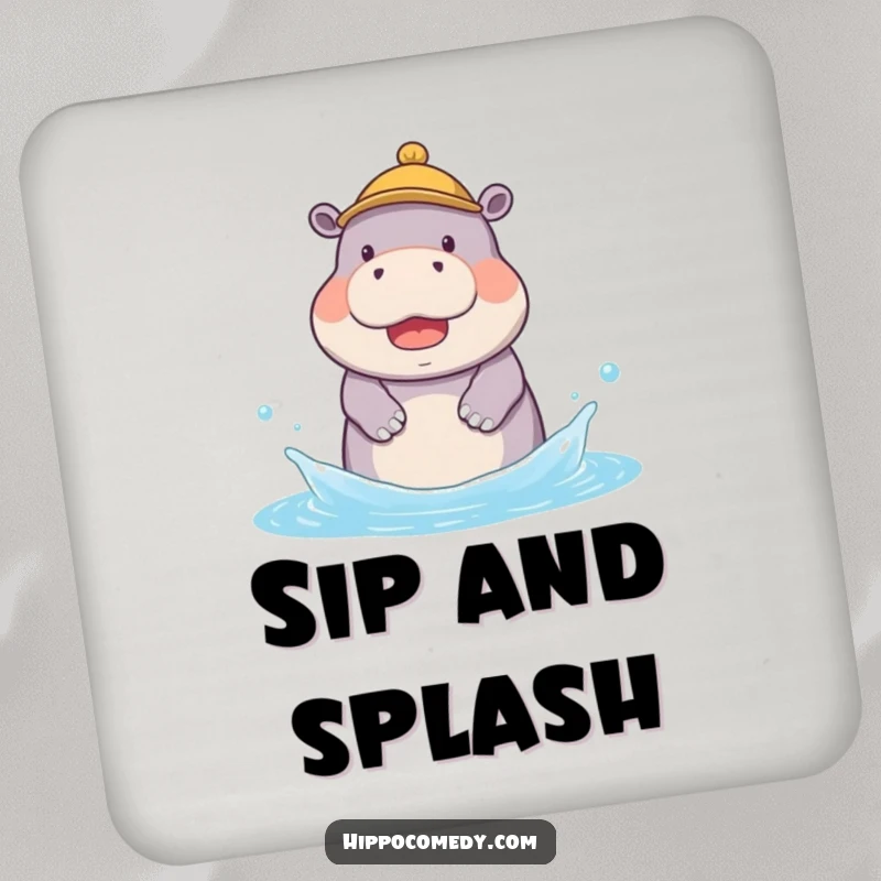 Funny drink coaster showing a kawaii hippopotamus in a tiny hat, joyfully splashing water, perfect for tables.