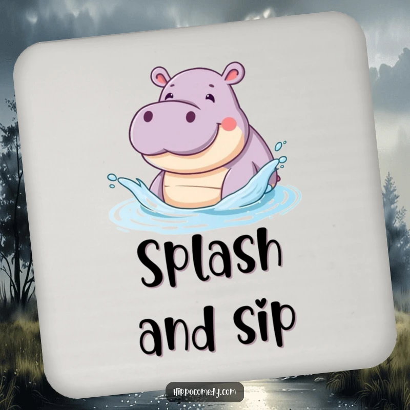 Funny drink coaster featuring a smiling hippopotamus splashing water with its snout, adding playful charm to beverage service.