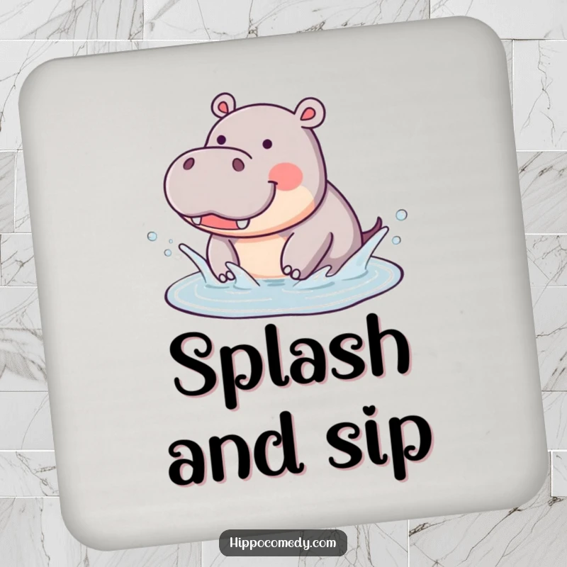 Funny Hippo Splashing Coaster Set: Coasters featuring a cute hippo joyfully splashing, offering funny surface protection.