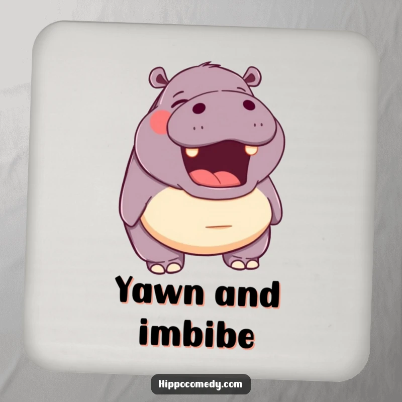 Funny drink coaster featuring a hippopotamus with its mouth open in a happy yawn, adding a moment of peaceful relaxation.