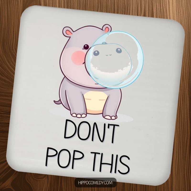 Funny kawaii hippopotamus blowing a large bubble from its mouth, on a decorative drink coaster.