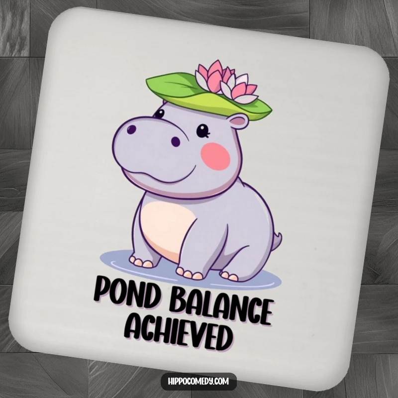Funny kawaii hippopotamus coaster showing a cute hippo balancing a lily pad on its head, perfect for drink protection.