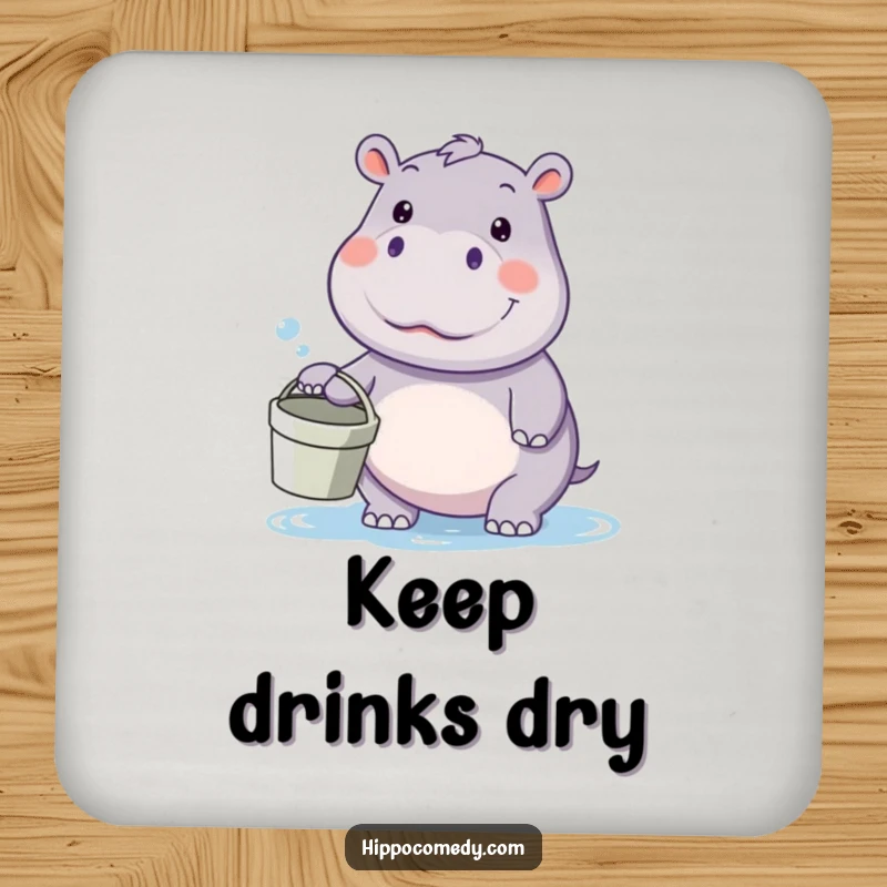 Funny kawaii hippo drink coaster, holding a bucket and looking ready for a water fight, bringing playful humor to any table.
