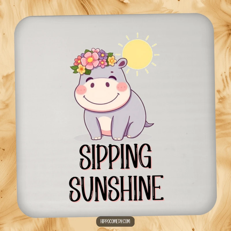 Funny kawaii hippopotamus wearing a flower crown, giggling in the sun, on a drink coaster for sunny table decor.