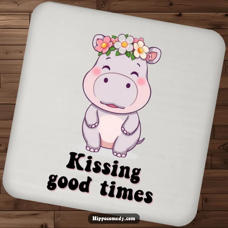 Funny kawaii hippo coaster featuring a cute hippo in a flower crown blowing a kiss, adding adorable sweetness to tabletops.