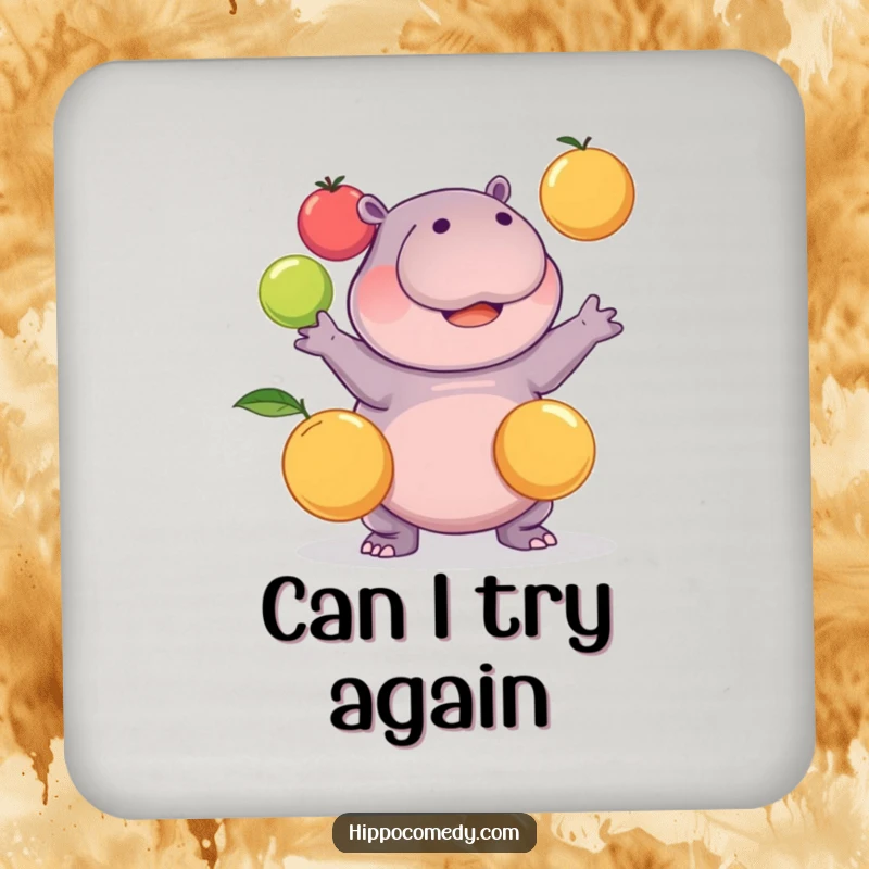 Funny kawaii hippopotamus comically juggling three round fruits on a drink coaster, adding humor to your table setting, a great funny gift.