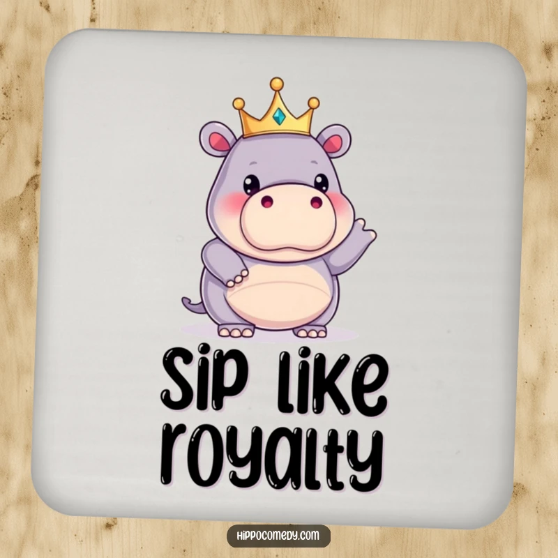 Funny kawaii hippopotamus wearing a tiny crown, striking a funny pose on a drink coaster, adding regal, comical flair.