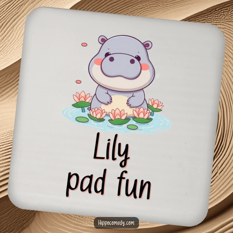 Funny kawaii hippo coaster featuring a cute hippo playfully juggling water lilies with its snout, adding playful humor to tabletops.